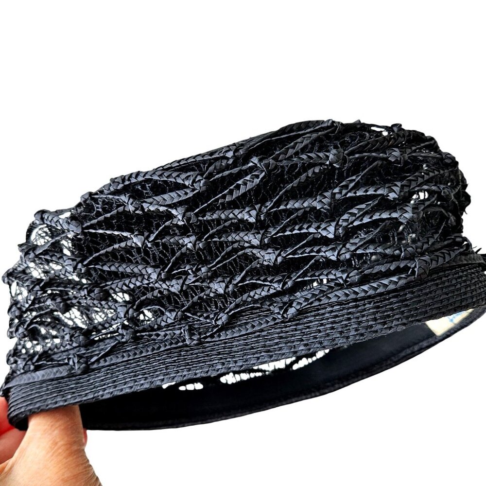 Vintage Black Woven Straw Pillbox Cage Hat Buffums Pinehurst 22" 1960s - Picture 10 of 12